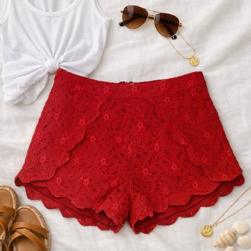 Francesca's Collections Red Floral Lace Scallop Hem Shorts